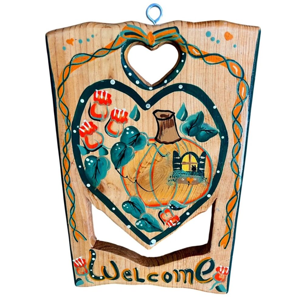Vintage Folk Art Welcome Sign | Hand Painted Pumpkin Wall Decor with Hanger - Picture 1 of 10